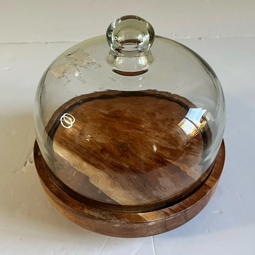 Rustic Wooden Base Cheese Board with Glass Dome Cover - Picture 2 of 10